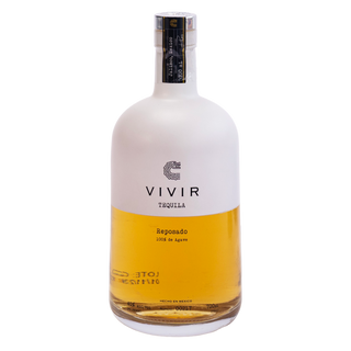 A bottle of VIVIR Tequila Reposado with a white label and golden amber liquid, centered on a plain white background.