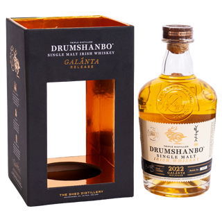 A bottle of Drumshanbo Galanta Single Malt Whiskey next to its black presentation box, photographed on a clean white background.