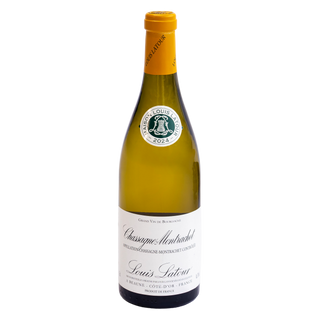 A bottle of Louis Latour Chassagne Montrachet white wine, featuring a pale green glass bottle, a bright yellow-orange foil seal, and a white label with elegant black script.