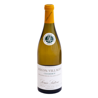 A single bottle of Louis Latour Macon-Villages Chameroy white wine with a yellow-orange foil top and a white label, centered on a plain white background.