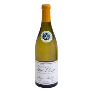 A bottle of Louis Latour Vire-Clessé white wine, featuring a green glass bottle with a yellow-orange foil top, a white label with elegant black script, and a circular 2022 vintage seal.