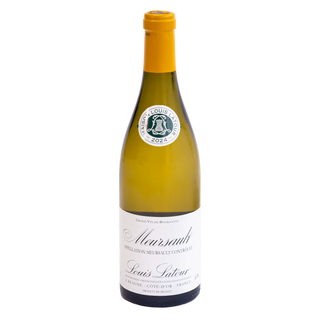 A bottle of Louis Latour Meursault  Wine, featuring a white label, a yellow neck sleeve, and a gold foil top, set against a plain white background.