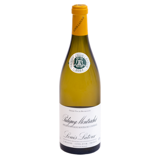 A bottle of Louis Latour wine, featuring a pale green glass bottle with a bright yellow-orange foil capsule and a white paper label. The bottle is centered against a clean white background.