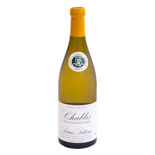 A bottle of  Louis Latour Chablis white wine, featuring a pale green glass bottle, a yellow-orange foil top, and a white label with elegant black script.