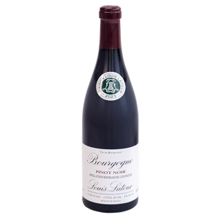 A bottle of Louis Latour Bourgogne Pinot Noir red wine, featuring a dark glass bottle with a white label and a burgundy capsule, photographed on a solid white background.