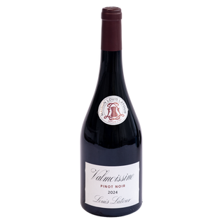 A bottle of Louis Latour Valmoissine Pinot Noir 2024 red wine, featuring a dark glass bottle with a dark red foil capsule and a white label, set against a plain white background.