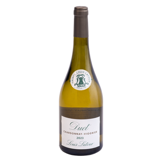 A bottle of Louis Latour Duet Chardonnay-Viognier 2023 white wine, featuring a dark green glass bottle, a white label with elegant script, and a dark brown foil capsule at the neck, set against a plain white background.