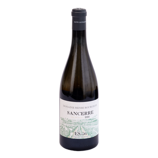 A bottle of Domaine Henri Bourgeois Sancerre 2022 white wine, featuring a dark glass bottle with a black capsule and a white label with green landscape illustrations.