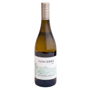 A bottle of Sancerre white wine from Henri Bourgeois, featuring a dark green glass bottle, a silver metal cap, and a white label with light green illustrations.