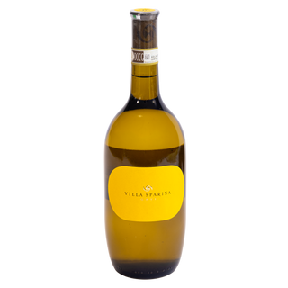 A bottle of Villa Sparina Blanco white wine with a yellow label and a dark brown cork, isolated on a white background.