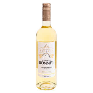 A bottle of Château Bonnet Sauvignon Blanc Semillon white wine, featuring a white label with gold and black text and a gold foil neck wrap, set against a plain white background.