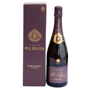 A bottle of Pol Roger Rosé Vintage 2018 champagne next to its matching dark purple packaging box, both featuring gold lettering and a crest logo, set against a plain white background.