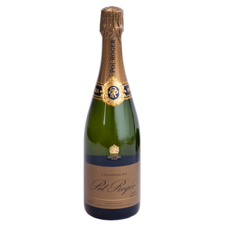A bottle of Pol Roger Rich Demi Sec Champagne with a dark green glass body, a gold foil top, and a gold and navy blue label, isolated on a white background.