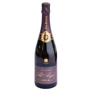 A bottle of Pol Roger Rose Champagne 2018, featuring a dark glass bottle with a purple foil-wrapped neck, a gold seal, and a matching purple label with gold script, set against a plain white background.