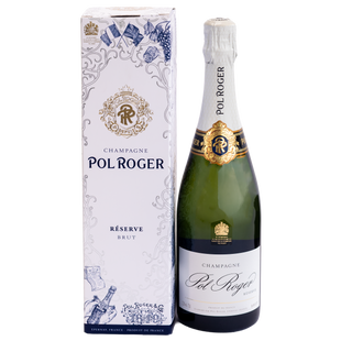 A bottle of Pol Roger Champagne Réserve Brut next to its white and blue illustrated packaging box, on a clean white background.