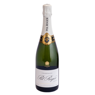 A bottle of Pol Roger Reserve Champagne on a solid white background, showing the dark green glass, gold foil, and white label.