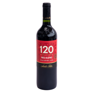 A bottle of Santa Rita 120 Reserva Special Red Blend wine from Valle Central, Chile, featuring a dark glass bottle with a prominent red label and black neck wrap.