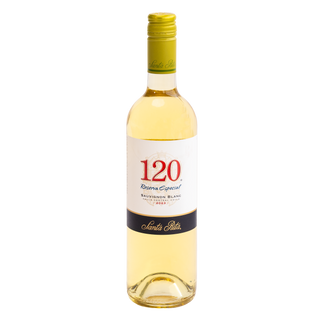 A bottle of 120 Reserva Especial Sauvignon Blanc by Santa Rita, featuring a pale golden-yellow liquid, a white label with red and black text, and a gold cap, isolated on a white background.