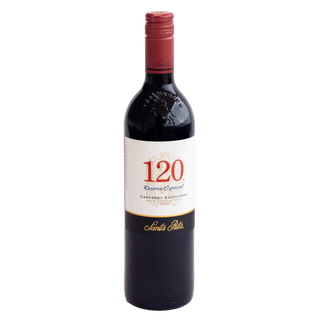 A bottle of Santa Rita 120 Reserva Especial Cabernet Sauvignon red wine, featuring a white label with red and gold lettering, a black base, and a red screw cap, set against a plain white background.