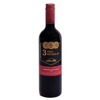 A bottle of 3 TRES MEDALLAS Santa Rita Cabernet Sauvignon red wine, featuring a dark glass bottle with a black and gold label and a red foil cap, set against a plain white background.