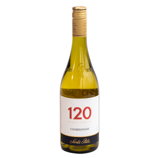 A bottle of Santa Rita 120 Reserva Especial Chardonnay white wine, featuring a white label with red and black text, a gold foil neck wrap, and a green glass bottle, isolated on a white background.