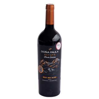 A bottle of Dona Paula Estate Black Edition Bold Red Blend 2023 wine, featuring a dark label with gold and white text and graphics, set against a plain white background.