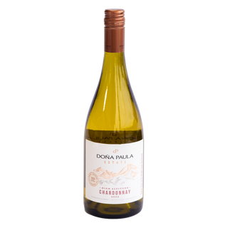 A bottle of Dona Paula Estate Chardonnay 2023 white wine, featuring a pale yellow-green glass bottle, a copper-colored foil capsule, and a white label with red and black text, set against a plain white background.