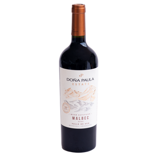 A bottle of Dona Paula Estate Malbec red wine, featuring a dark glass bottle with a copper-colored foil capsule and a white label with a scenic illustration, set against a plain white background.