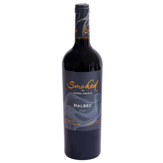 A bottle of Smoked by Dona Paula Malbec 2024 wine, featuring a dark gray label with orange and white text and swirls, on a solid white background.