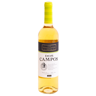 A bottle of Dom Campos Vinho Branco white wine by Casa Ermelinda Freitas, featuring a white label with black text, a dark band, and a bright yellow-green neck wrap, set against a plain white background.