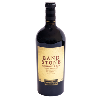 A bottle of Casa Ermelinda Sand Stone Shiraz 2023 red wine, featuring a dark glass bottle with a prominent textured gold label and a black neck capsule, set against a plain white background.