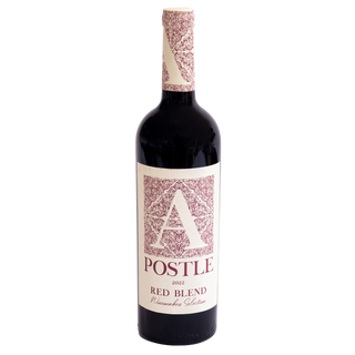 A bottle of Apostle 2022 Red Blend wine from the Winemakers Selection, featuring a dark glass bottle with a cream-colored label and a matching patterned paper neck wrap, set against a plain white background.