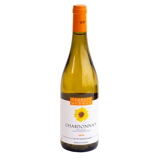 A bottle of Georges Dubceuf Chardonnay Pays D'oc 2014 white wine, featuring a white label with a yellow sunflower and an orange neck foil, set against a plain white background.