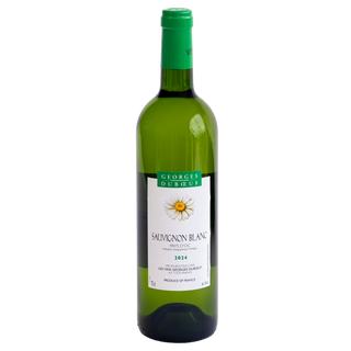 A bottle of Georges Dubceuf Savignon Blanc Pays D'oc white wine, featuring a green glass bottle, green neck foil, and a white label with a yellow daisy illustration.