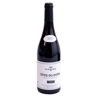 A bottle of Vallée du Rhône Côtes-du-Rhône red wine by Georges Dubceuf with a white label and black foil neck, featuring a handwritten '2021' sticker on the neck, set against a plain white background.