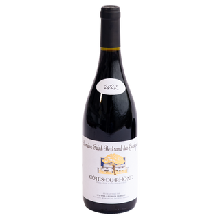 A bottle of Côtes-du-Rhône red wine from Domaine Saint-Bertrand des Grèviers, featuring a white label with a yellow and blue illustration, a black screw cap, and a white sticker with the year 2022.
