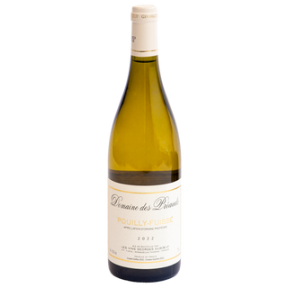 A bottle of Domaine des Preauds Pouilly-Fuissé white wine, featuring a pale green glass bottle, a cream-colored label with gold lettering, and a beige foil capsule at the top, set against a plain white background.