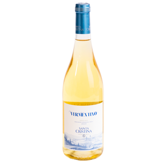 A bottle of Vermentino Santa Cristina white wine with a pale yellow liquid, a white and blue label, and a blue foil cap, isolated on a white background.
