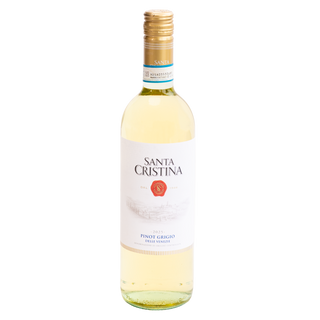 A bottle of Santa Cristina  Pinot Grigio Italian White wine, featuring a white label with a red crest and a gold screw cap, set against a plain white background.