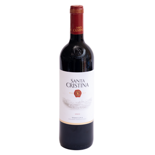 A bottle of Santa Cristina 2024 Red Wine from Tuscana, Argentina, featuring a white label with black text and a red wax seal, set against a plain white background.