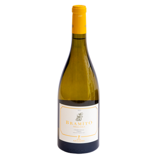 A bottle of Bramito Della Sala Chardonnay white wine by Antinori with a yellow-orange foil top and a cream-colored label, isolated on a white background.