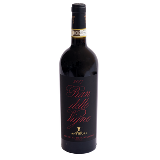 A bottle of Antinori 2017 Sian delle Vigne red wine, featuring a black label with elegant pink and gold lettering, set against a plain white background.