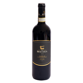 A bottle of La Braccesca 2020 Nobile di Montepulciano Toscana red wine, featuring a dark glass bottle with a black label and gold accents, set against a plain white background.