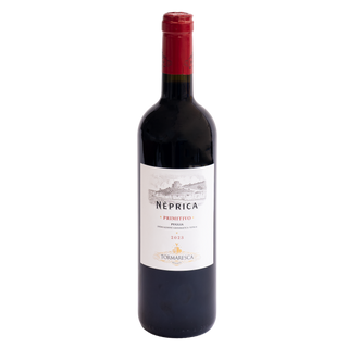 A bottle of Neprica Primitivo Puglia red wine from the brand Tormaresca, featuring a dark glass bottle with a red foil top and a white label.