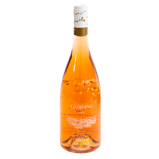 A bottle of Guardino Rose Santa Cristina rose wine with a gold foil cap and white label, filled with a vibrant orange-rose liquid, set against a plain white background.