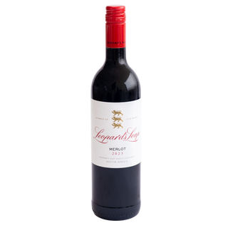 A bottle of Leopard's Leap Merlot 2023 red wine, featuring a dark glass bottle with a white label and a red foil capsule at the neck, set against a plain white background.