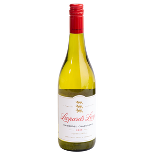 A bottle of Leopard's Leap Unwooded Chardonnay 2025 white wine, featuring a pale yellow-green glass bottle, a white label with red and gold lettering, and a red foil cap, set against a plain white background.