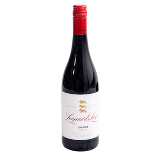 A bottle of Leopard's Leap Shiraz 2022 red wine, featuring a dark glass bottle with a white label and a red foil cap, set against a plain white background.