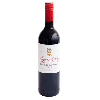 A bottle of Leopard's Leap Cabernet Sauvignon 2024 red wine, featuring a dark glass bottle, a white label with red and gold lettering, and a bright red foil cap, set against a plain white background.