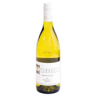 A bottle of Torbreck Barossa Valley 2025 Woodcutter's Semillon White wine, showing the white liquid and white label against a clean white background.